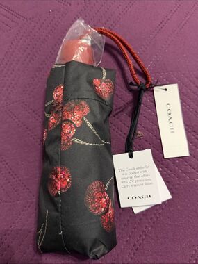 Coach Black Compact Umbrella with Red Cherry Print